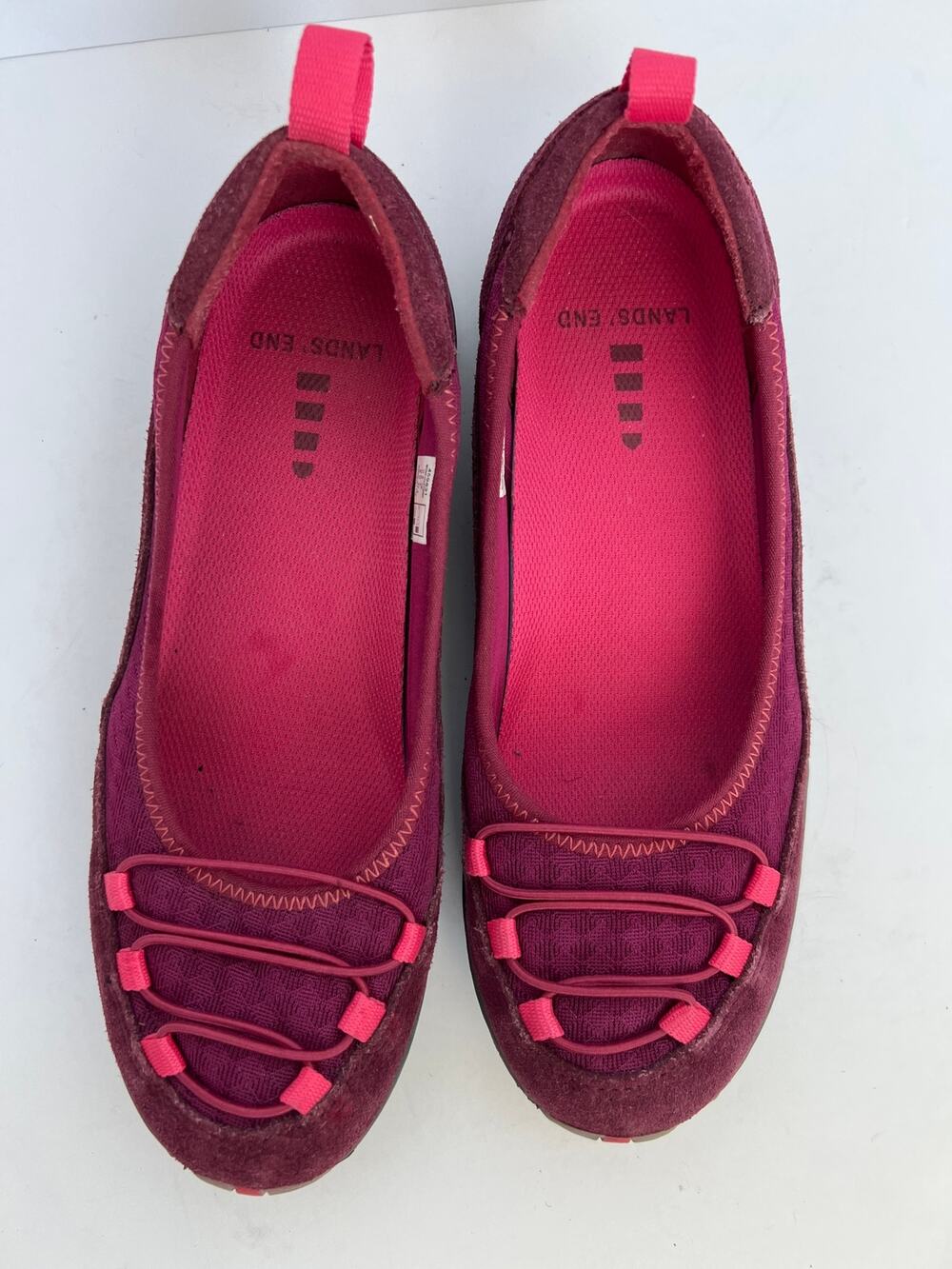 Lands End Everyday Womens Size 7 Pink Magenta Suede Bungee Elastic Mary Janes